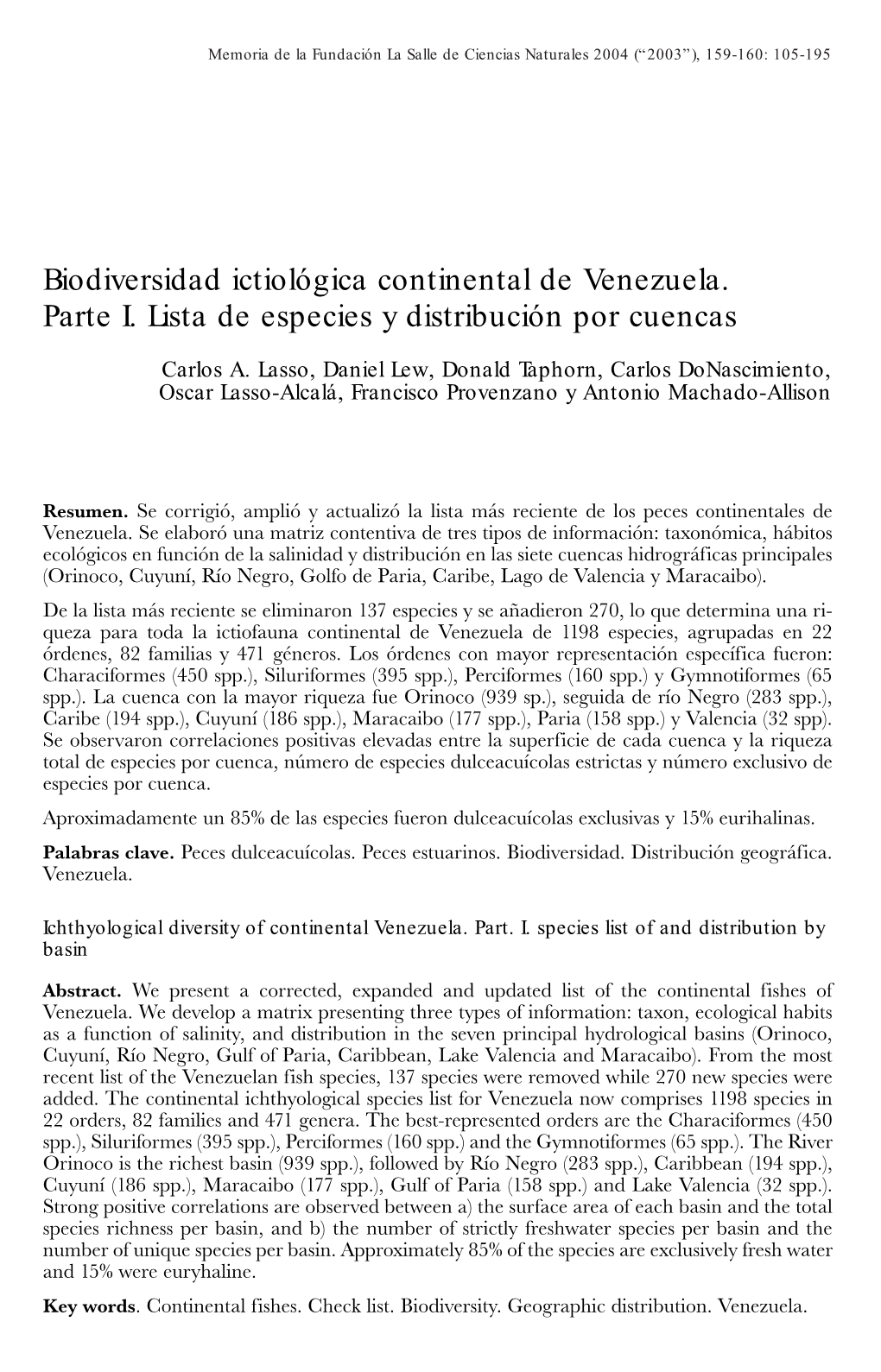 Biodiversidad Ictiológica Continental De Venezuela. Parte I. Lista De Especies Y Distribución Por Cuencas