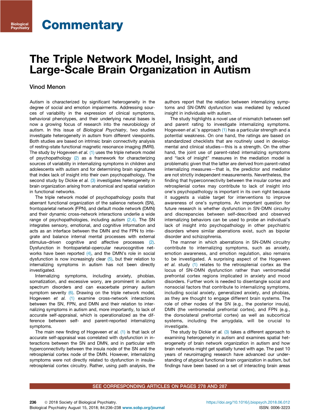 The Triple Network Model, Insight, and Large-Scale Brain Organization in Autism