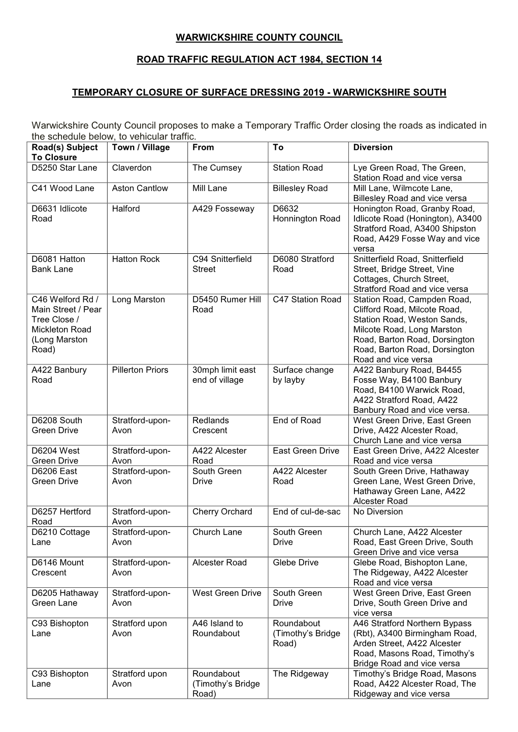 Warwickshire County Council Road Traffic Regulation