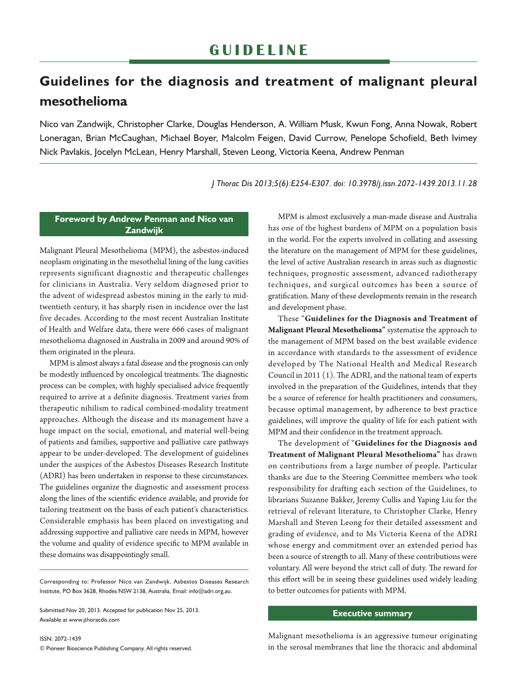 Guidelines for the Diagnosis and Treatment of Malignant Pleural Mesothelioma