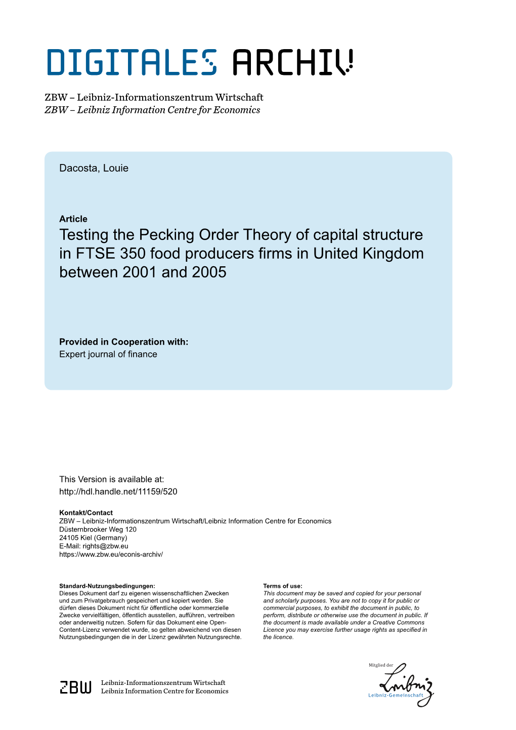 Testing the Pecking Order Theory of Capital Structure in FTSE 350 Food Producers Firms in United Kingdom Between 2001 and 2005