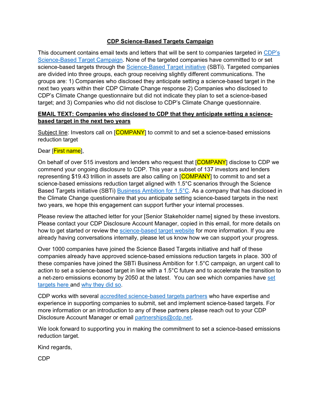 CDP Science-Based Targets Campaign This Document Contains Email Texts and Letters That Will Be Sent to Companies Targeted in CDP’S Science-Based Target Campaign