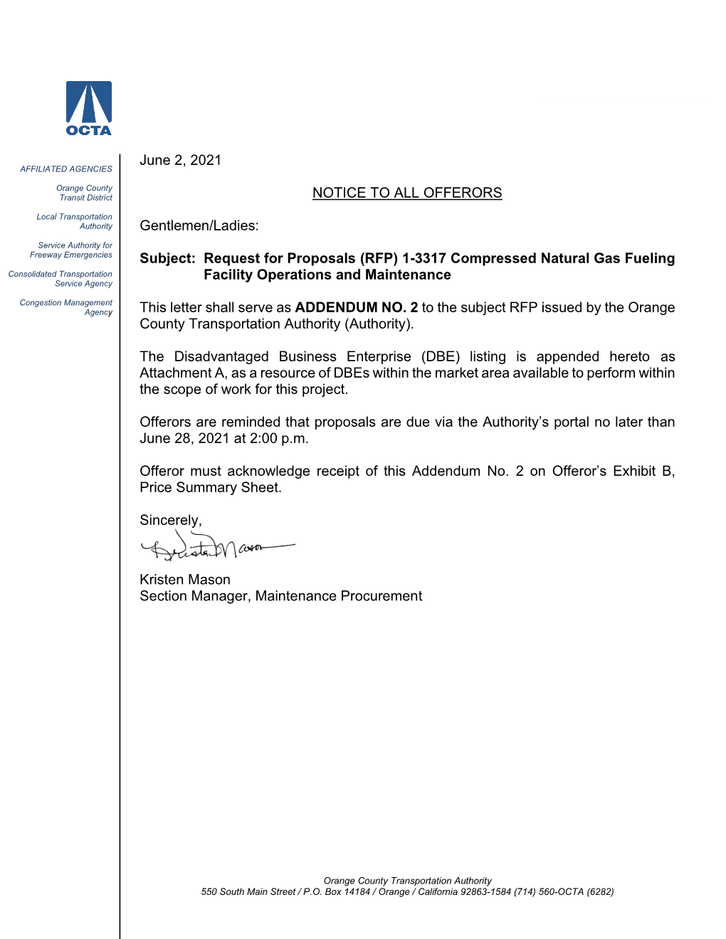 Subject: Request for Proposals (RFP) 1-3317 Compressed Natural Gas Fueling Consolidated Transportation Facility Operations and Maintenance Service Agency
