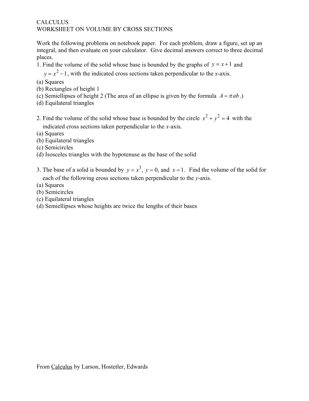 Worksheet on Volume by Cross Sections