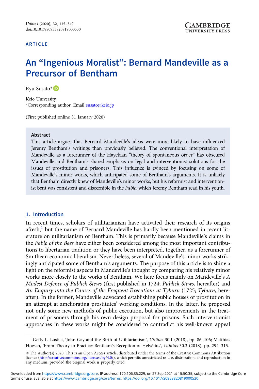 An “Ingenious Moralist”: Bernard Mandeville As a Precursor of Bentham