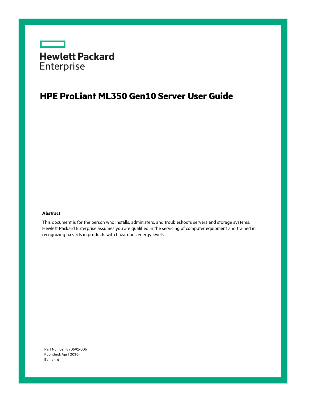 HPE Proliant ML350 Gen10 Server User Guide