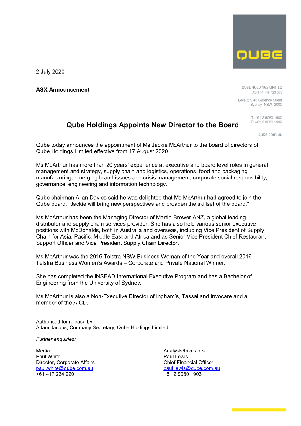 Qube Holdings Appoints New Director to the Board