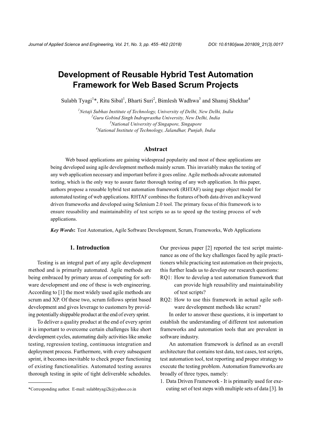 Development of Reusable Hybrid Test Automation Framework for Web Based Scrum Projects