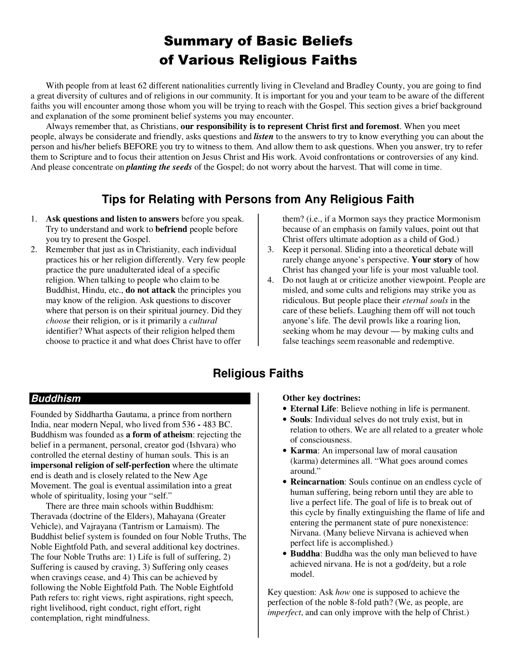 Summary of Basic Beliefs of Various Religious Faiths