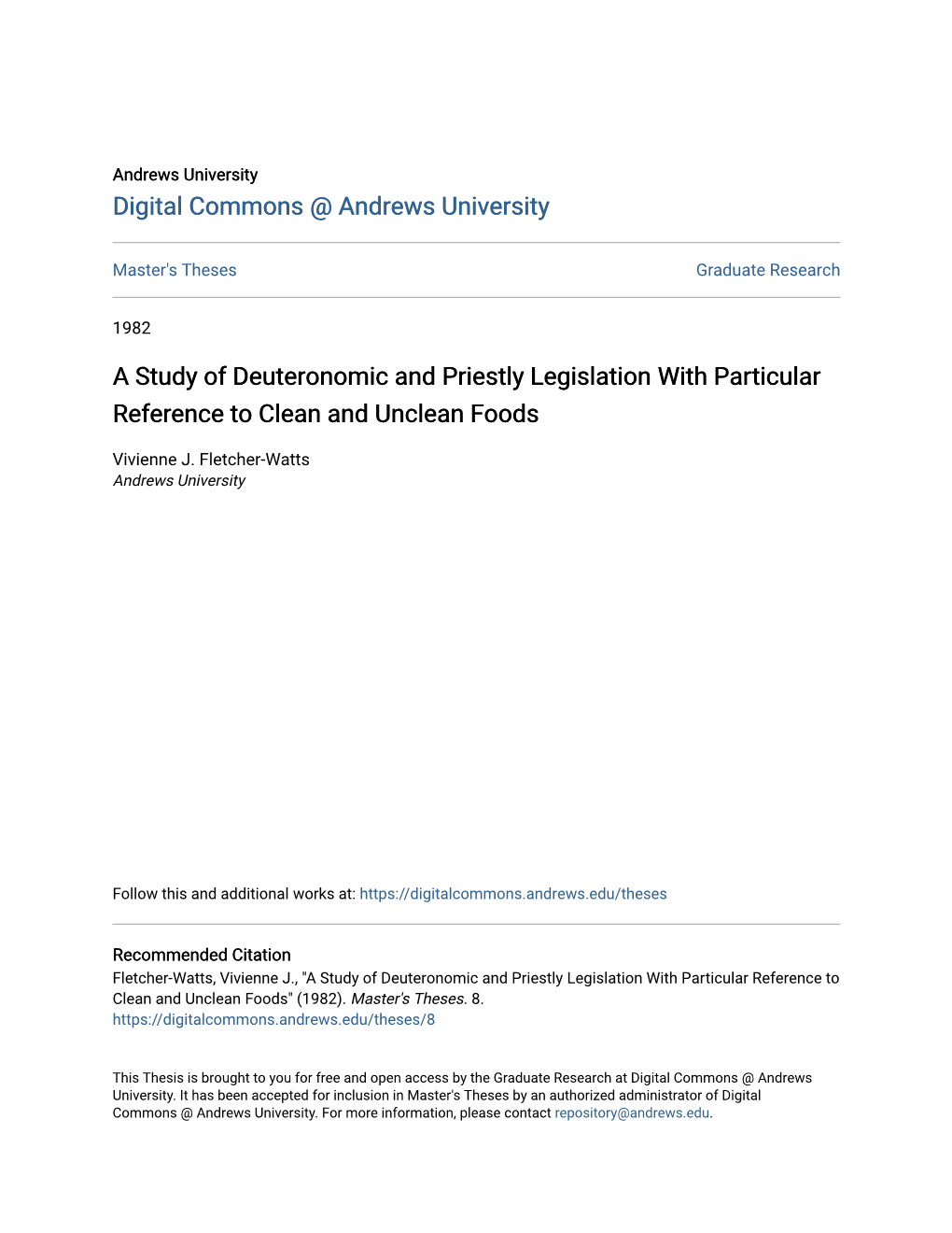 A Study of Deuteronomic and Priestly Legislation with Particular Reference to Clean and Unclean Foods