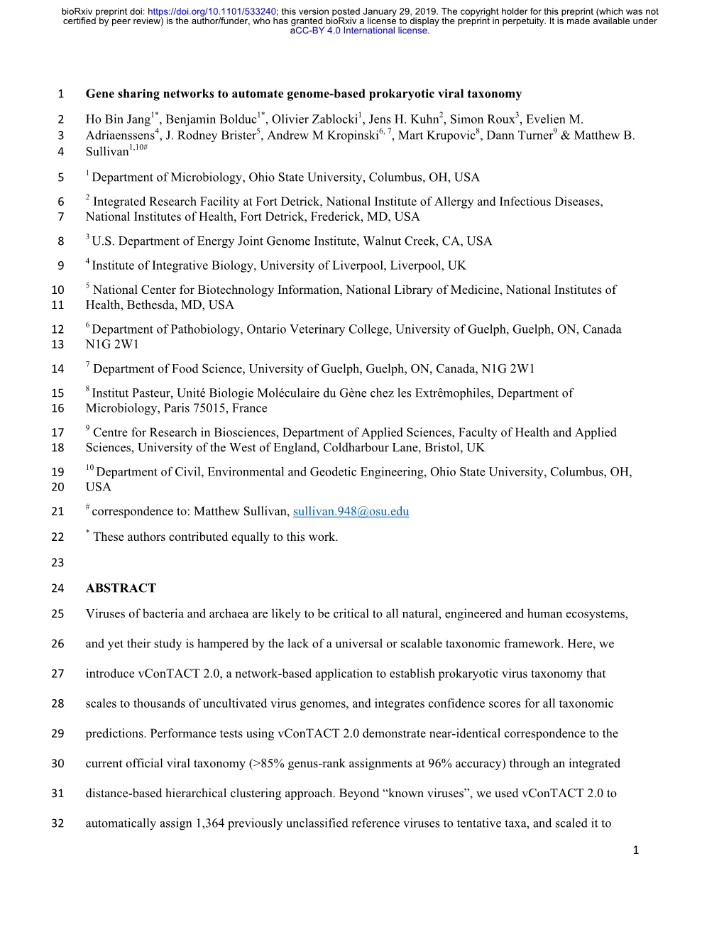 Gene Sharing Networks to Automate Genome-Based Prokaryotic Viral Taxonomy 2 Ho Bin Jang1*, Benjamin Bolduc1*, Olivier Zablocki1, Jens H