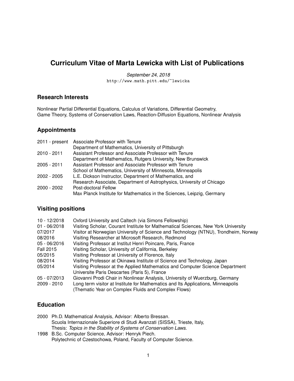 Curriculum Vitae of Marta Lewicka with List of Publications