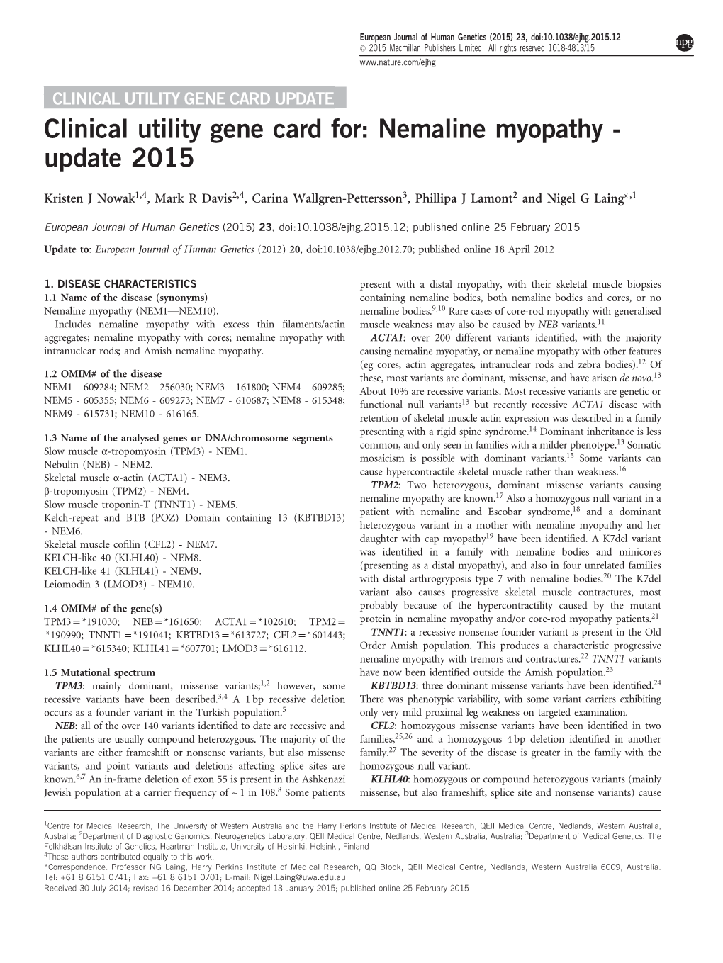 Clinical Utility Gene Card For: Nemaline Myopathy - Update 2015