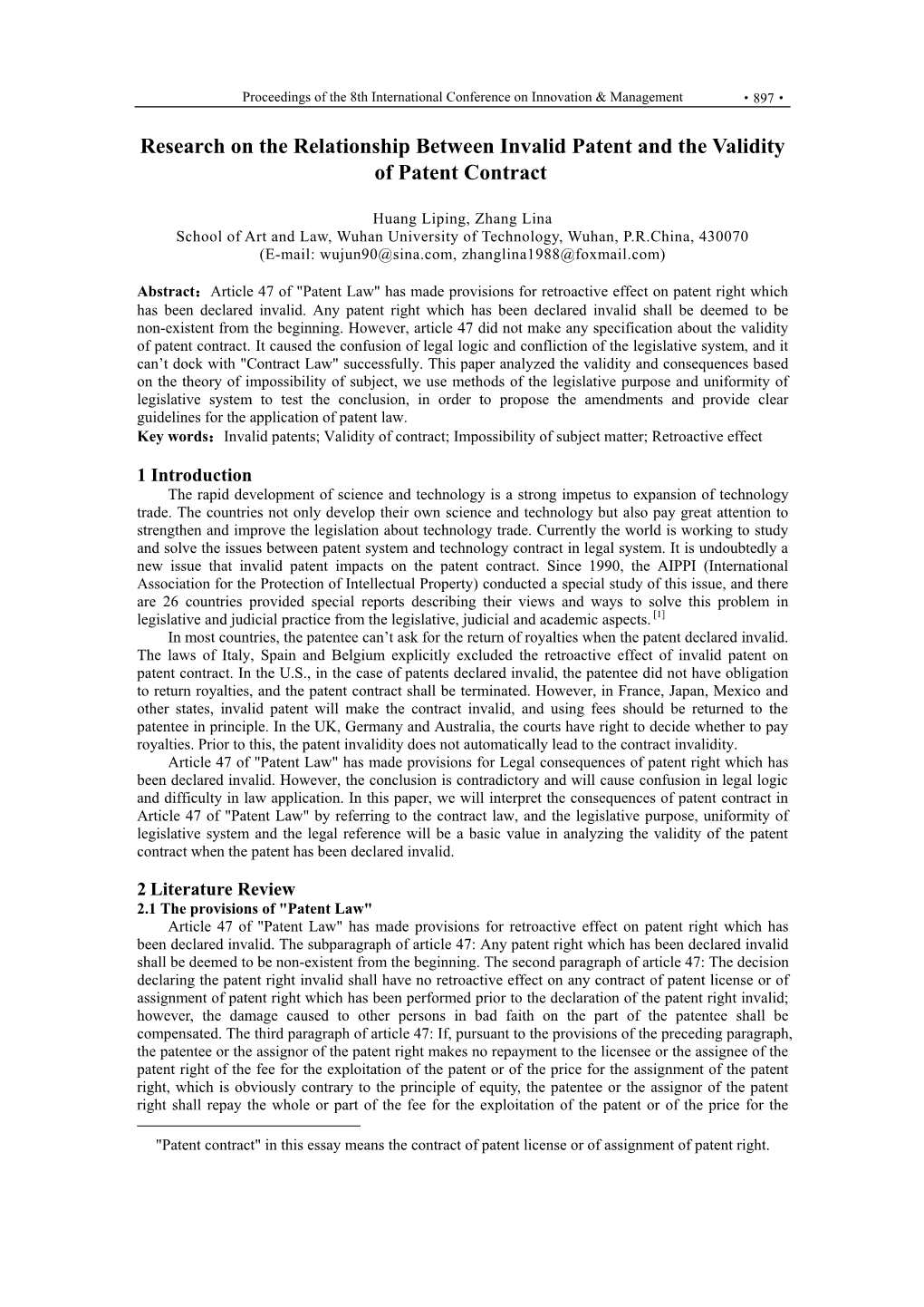 Research on the Relationship Between Invalid Patent and the Validity of Patent Contract