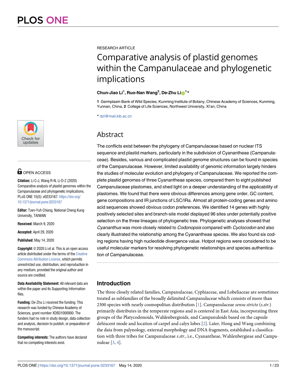 Comparative Analysis of Plastid Genomes Within the Campanulaceae and Phylogenetic Implications