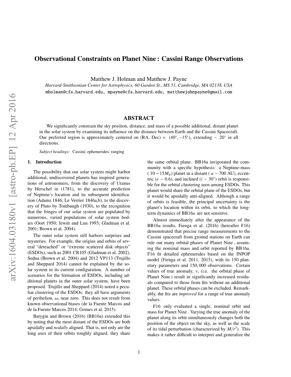 Observational Constraints on Planet Nine: Cassini Range Observations