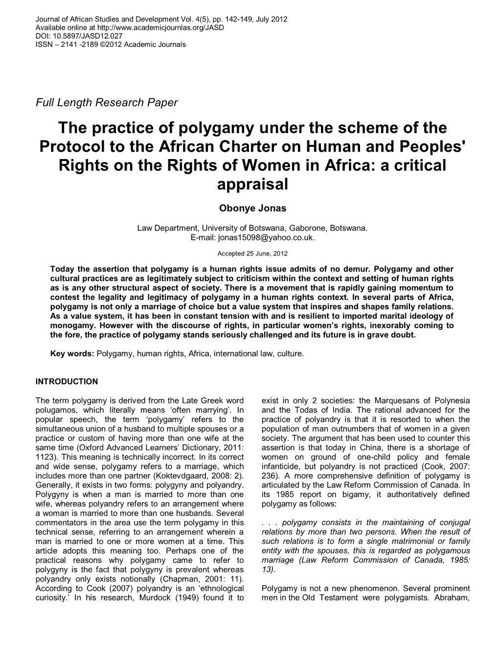 The Practice of Polygamy Under the Scheme of the Protocol to the African Charter on Human and Peoples' Rights on the Rights of Women in Africa: a Critical Appraisal