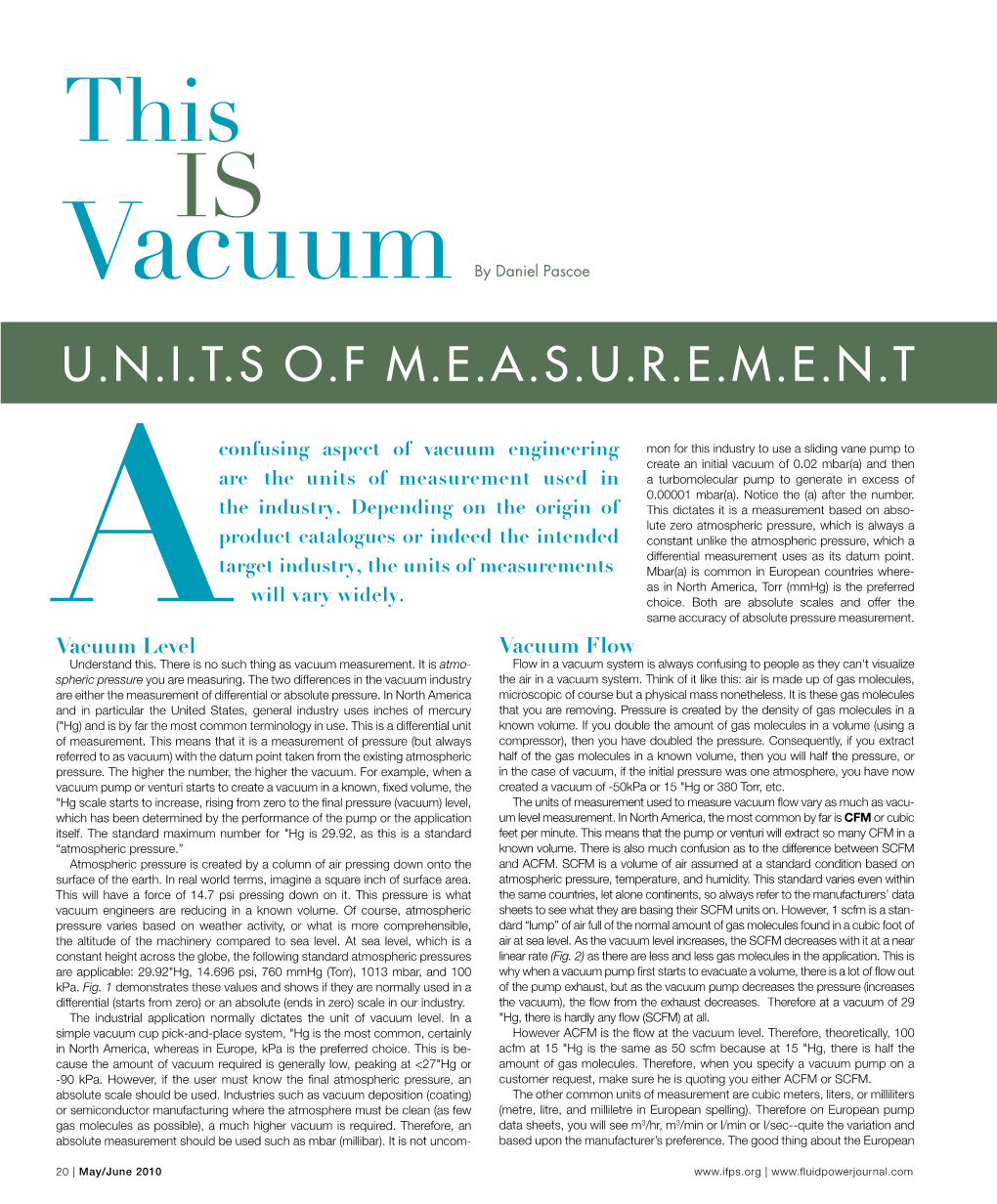 Units of Measurement Used in a Turbomolecular Pump to Generate in Excess of 0.00001 Mbar(A)