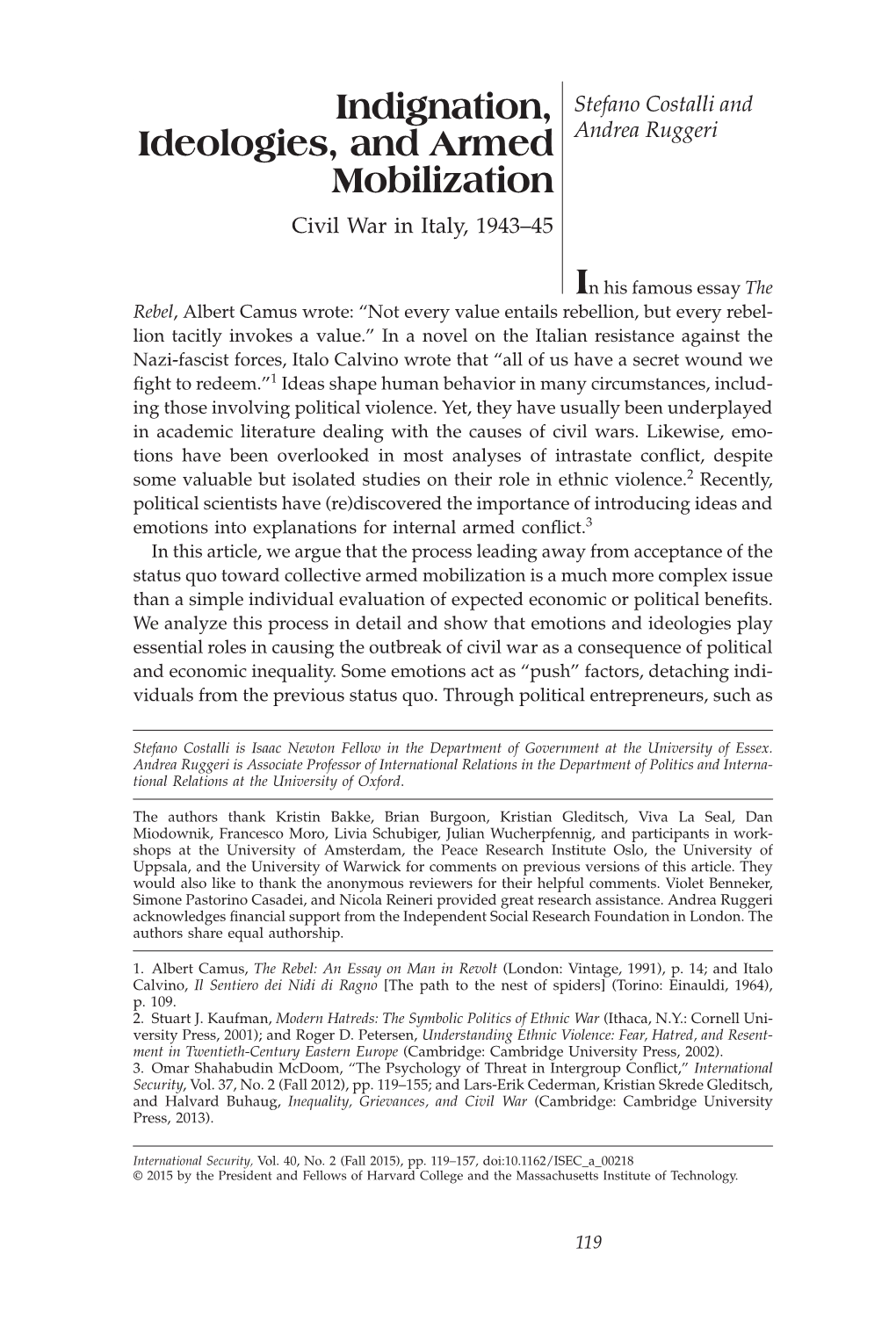 Indignation, Ideologies, and Armed Mobilization Indignation, Stefano Costalli and Ideologies, and Armed Andrea Ruggeri Mobilization Civil War in Italy, 1943–45