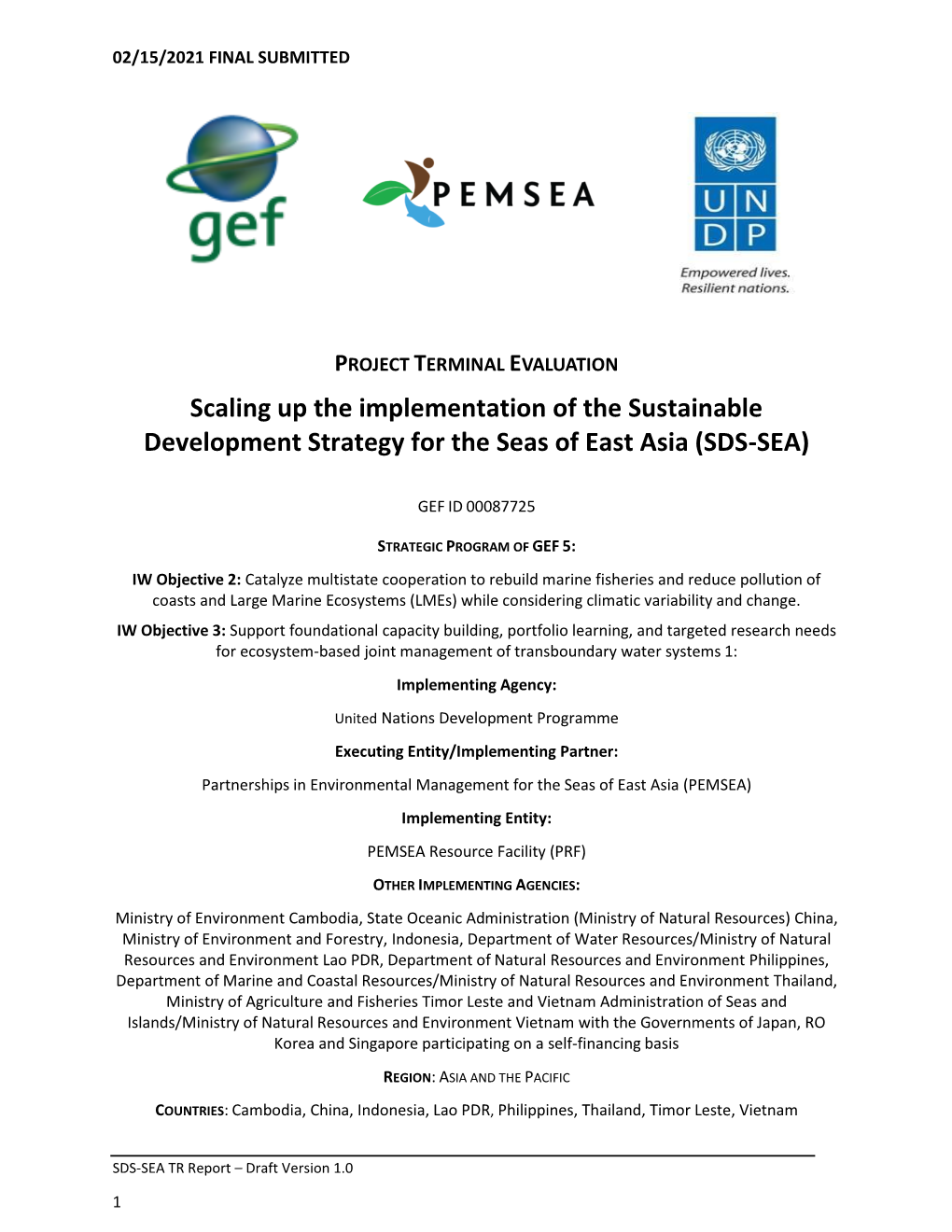 Scaling up the Implementation of the Sustainable Development Strategy for the Seas of East Asia (SDS-SEA)