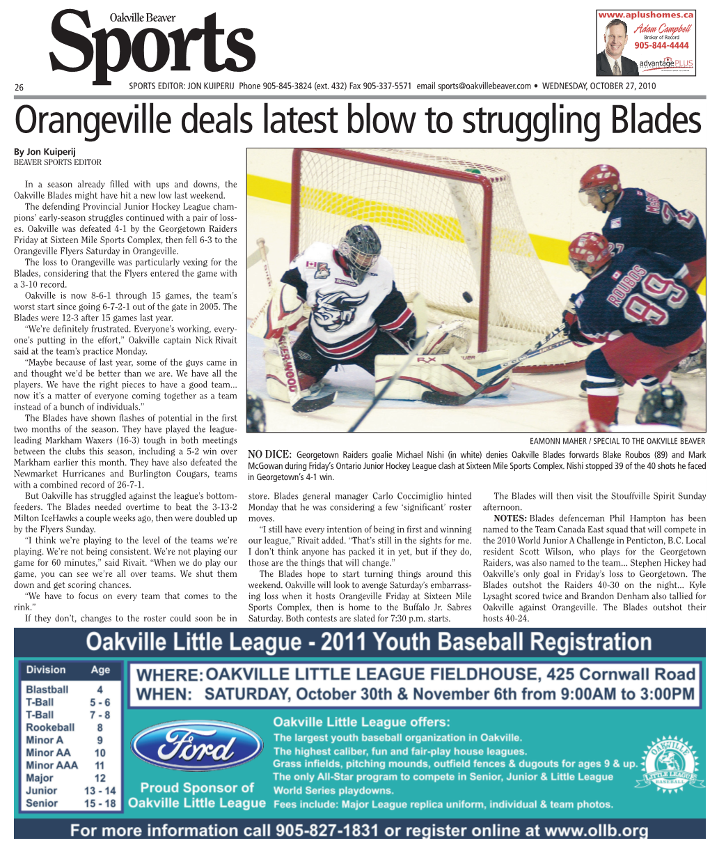 Orangeville Deals Latest Blow to Struggling Blades by Jon Kuiperij BEAVER SPORTS EDITOR