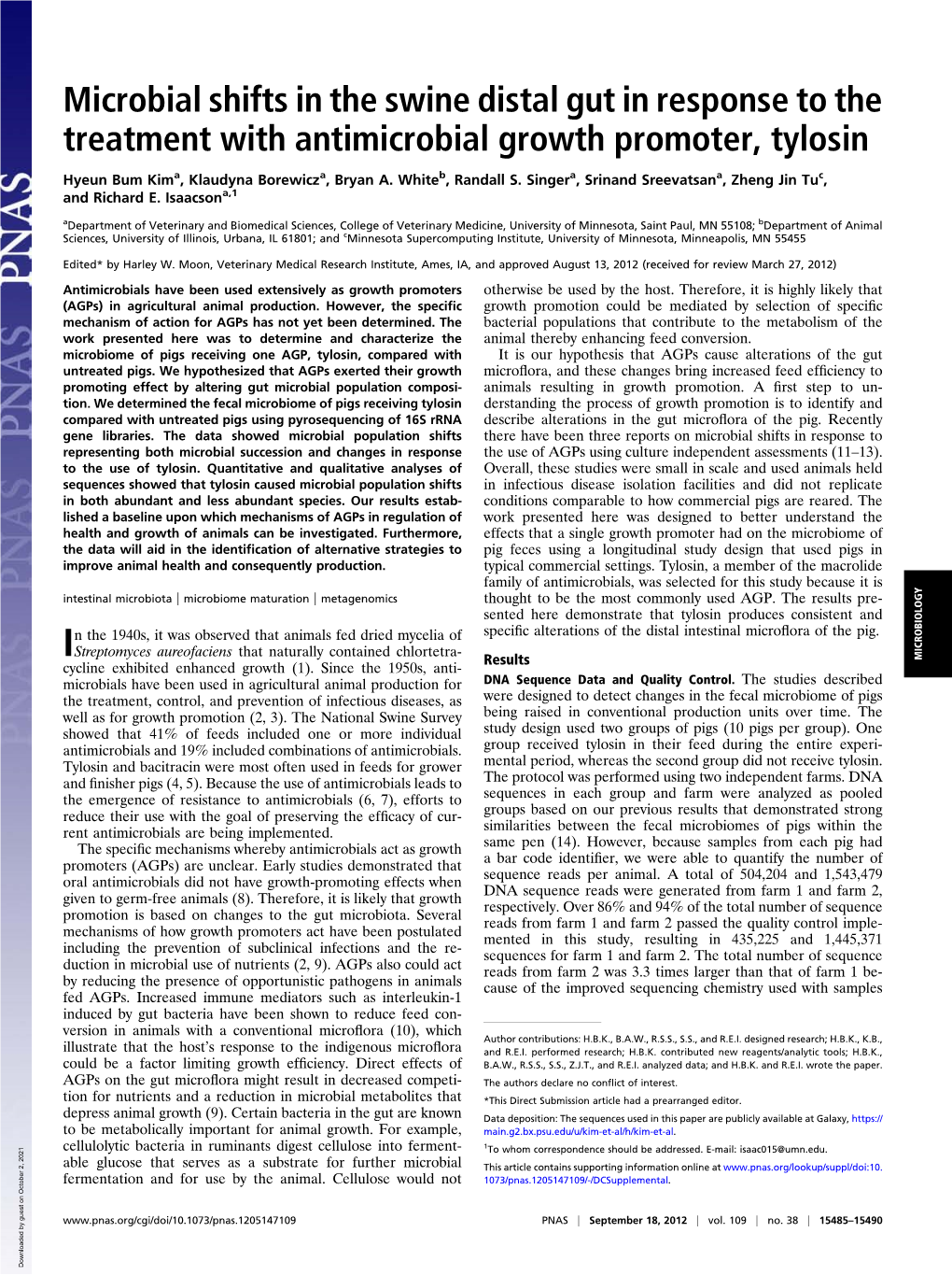 Microbial Shifts in the Swine Distal Gut in Response to the Treatment with Antimicrobial Growth Promoter, Tylosin