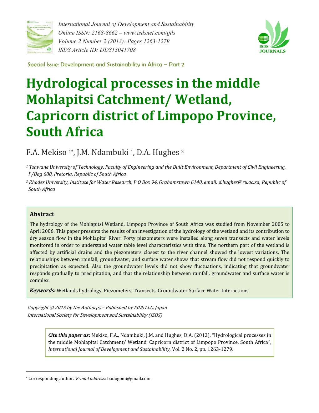 Hydrological Processes in the Middle Mohlapitsi Catchment/ Wetland, Capricorn District of Limpopo Province, South Africa