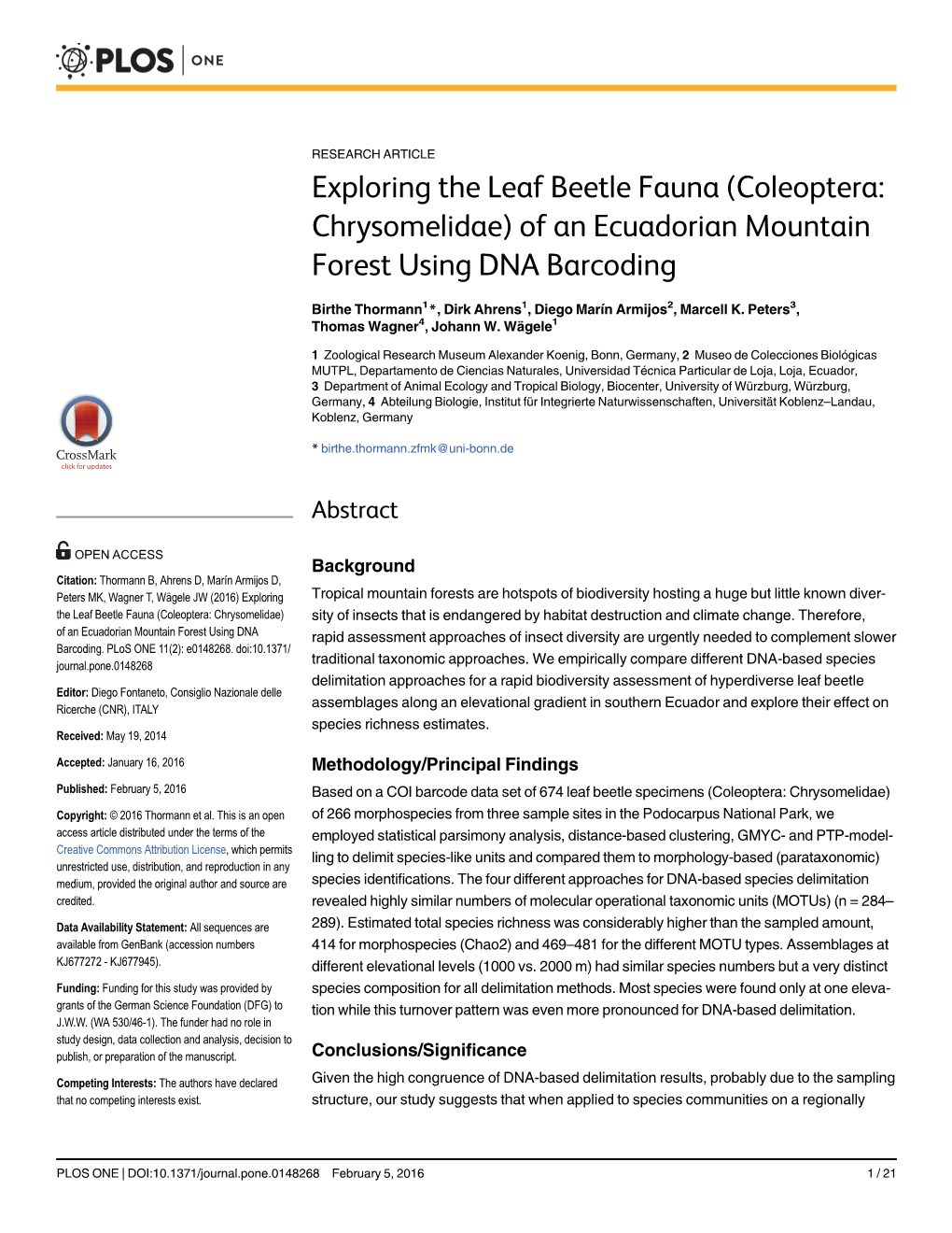 Exploring the Leaf Beetle Fauna (Coleoptera: Chrysomelidae) of an Ecuadorian Mountain Forest Using DNA Barcoding