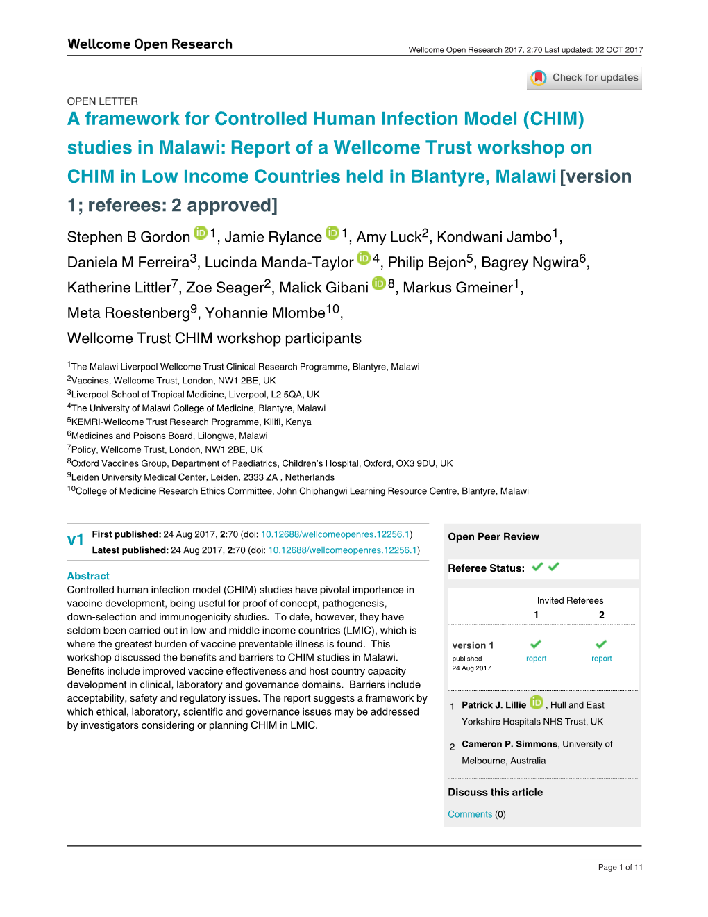 A Framework for Controlled Human Infection Model (CHIM) Studies in Malawi: Report of a Wellcome Trust Workshop On
