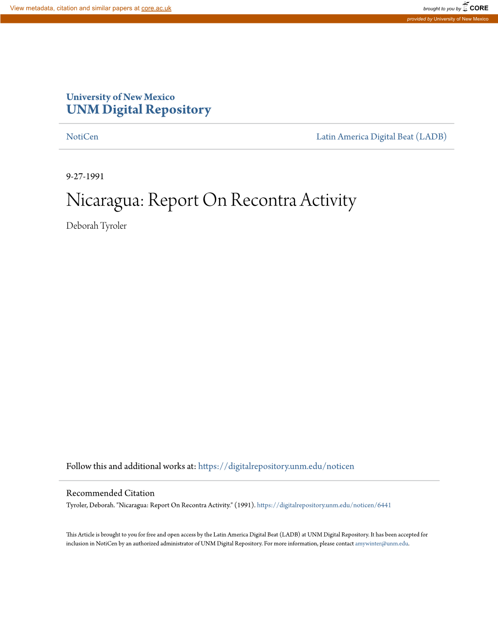 Nicaragua: Report on Recontra Activity Deborah Tyroler