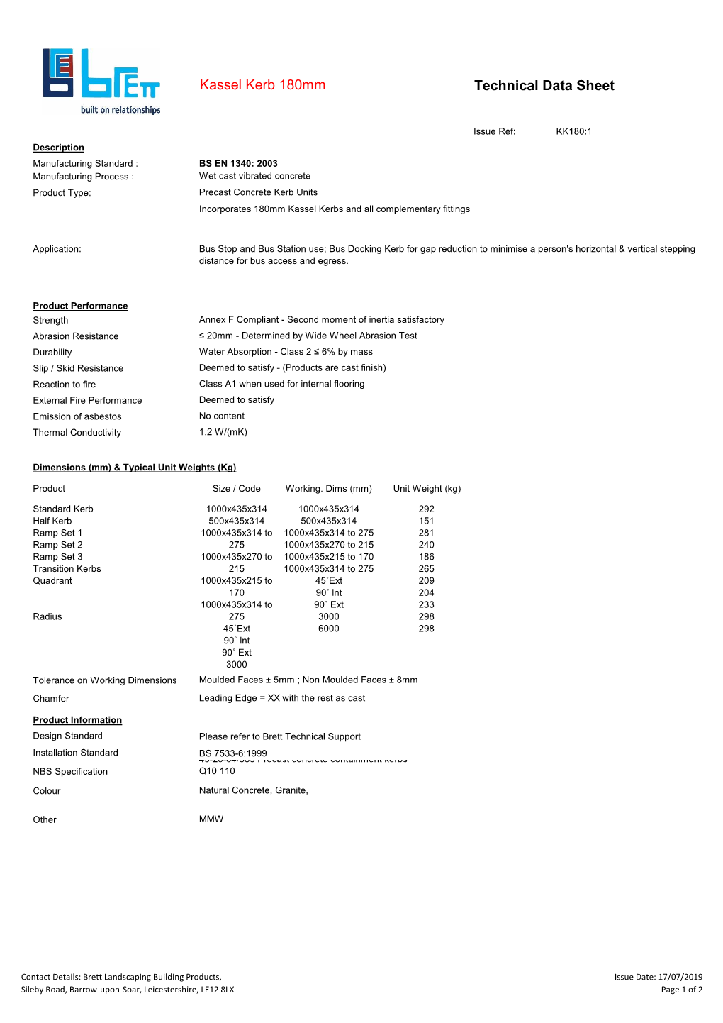 Kassel Kerb 180Mm Technical Data Sheet