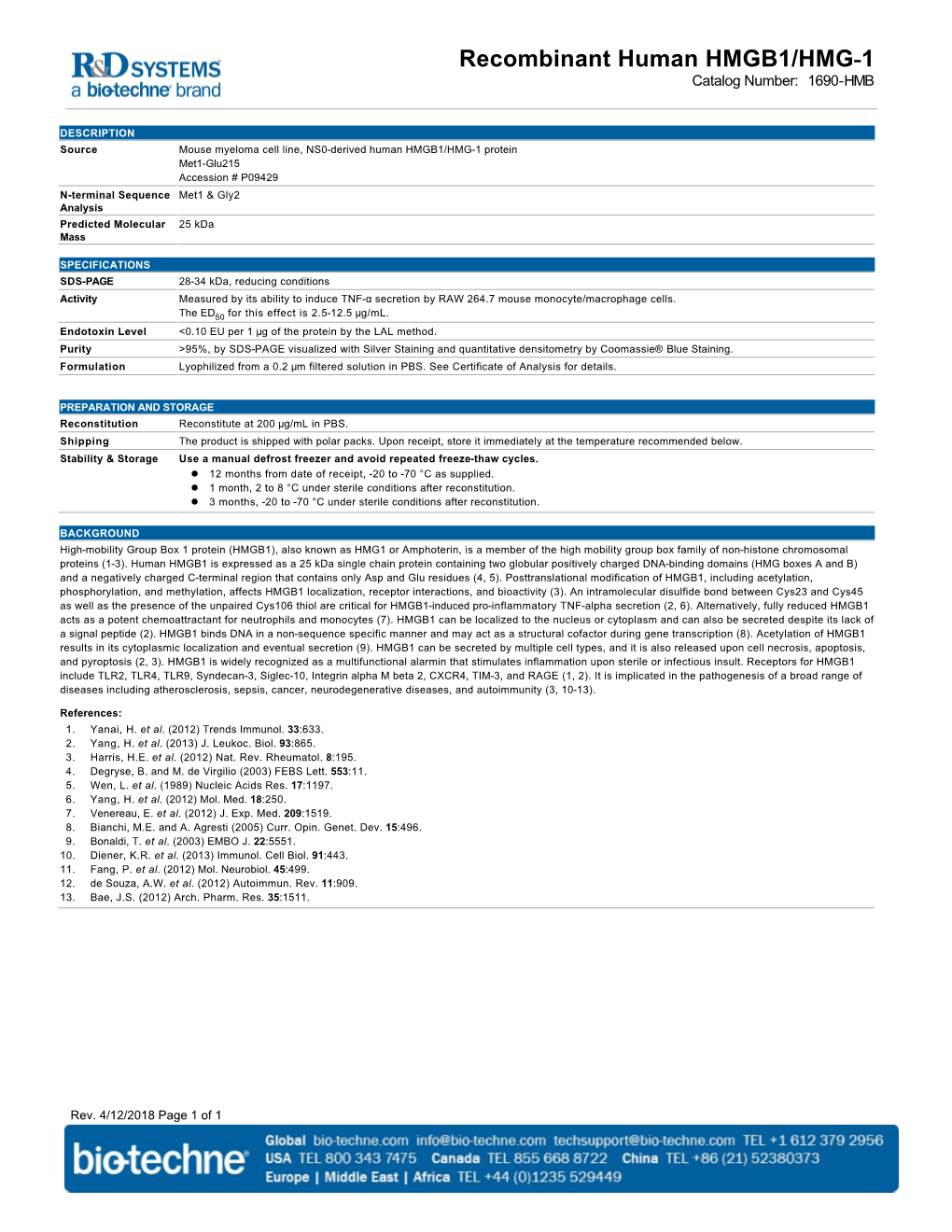 Recombinant Human HMGB1/HMG-1 Catalog Number: 1690-HMB