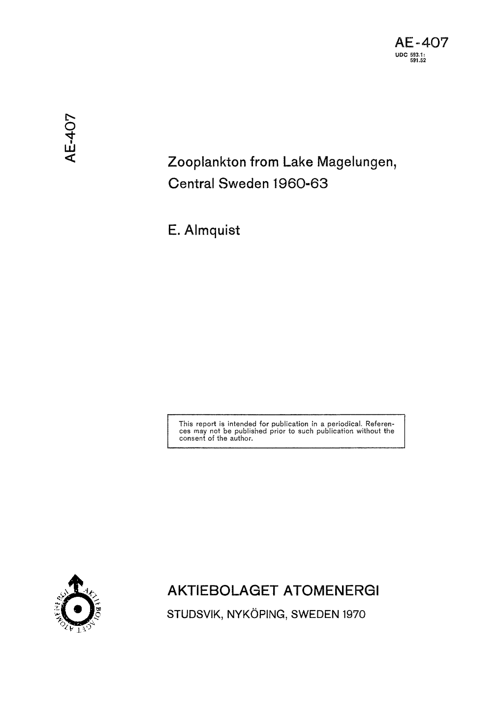 Zooplankton from Lake Magelungen, Central Sweden 1960-1963