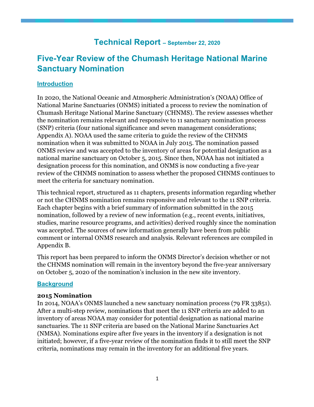 Five-Year Review of the Chumash Heritage National Marine Sanctuary Nomination