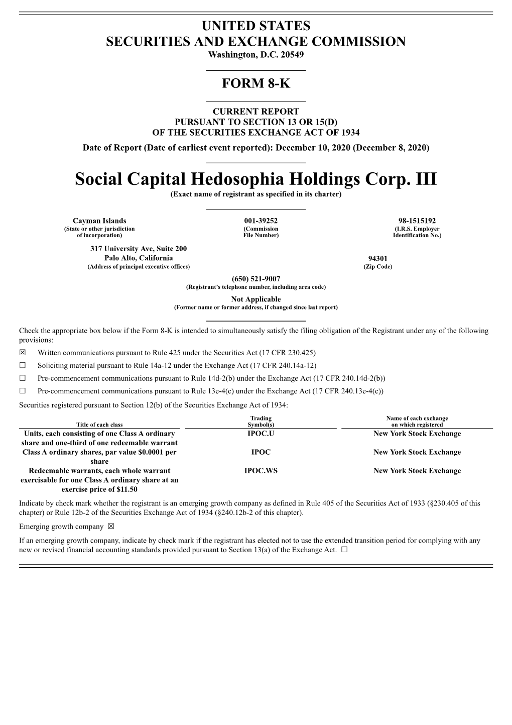 Social Capital Hedosophia Holdings Corp. III (Exact Name of Registrant As Specified in Its Charter)