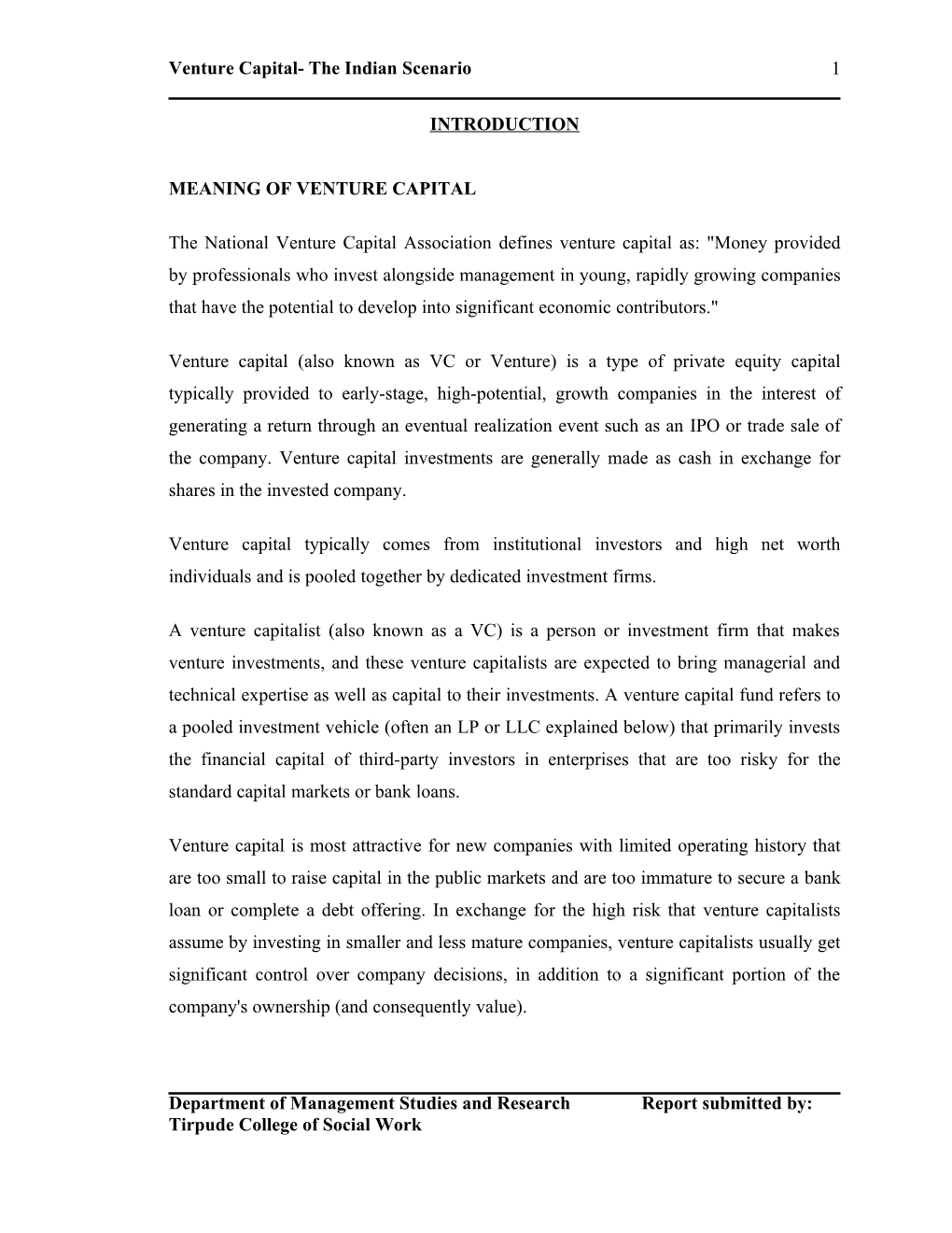 Venture Capital- the Indian Scenario 1