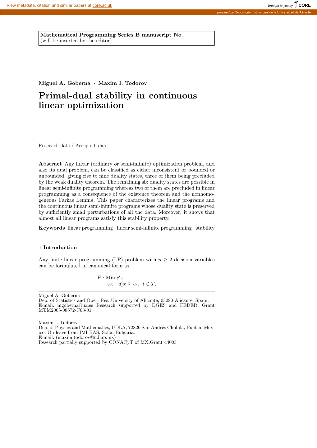 Primal-Dual Stability in Continuous Linear Optimization