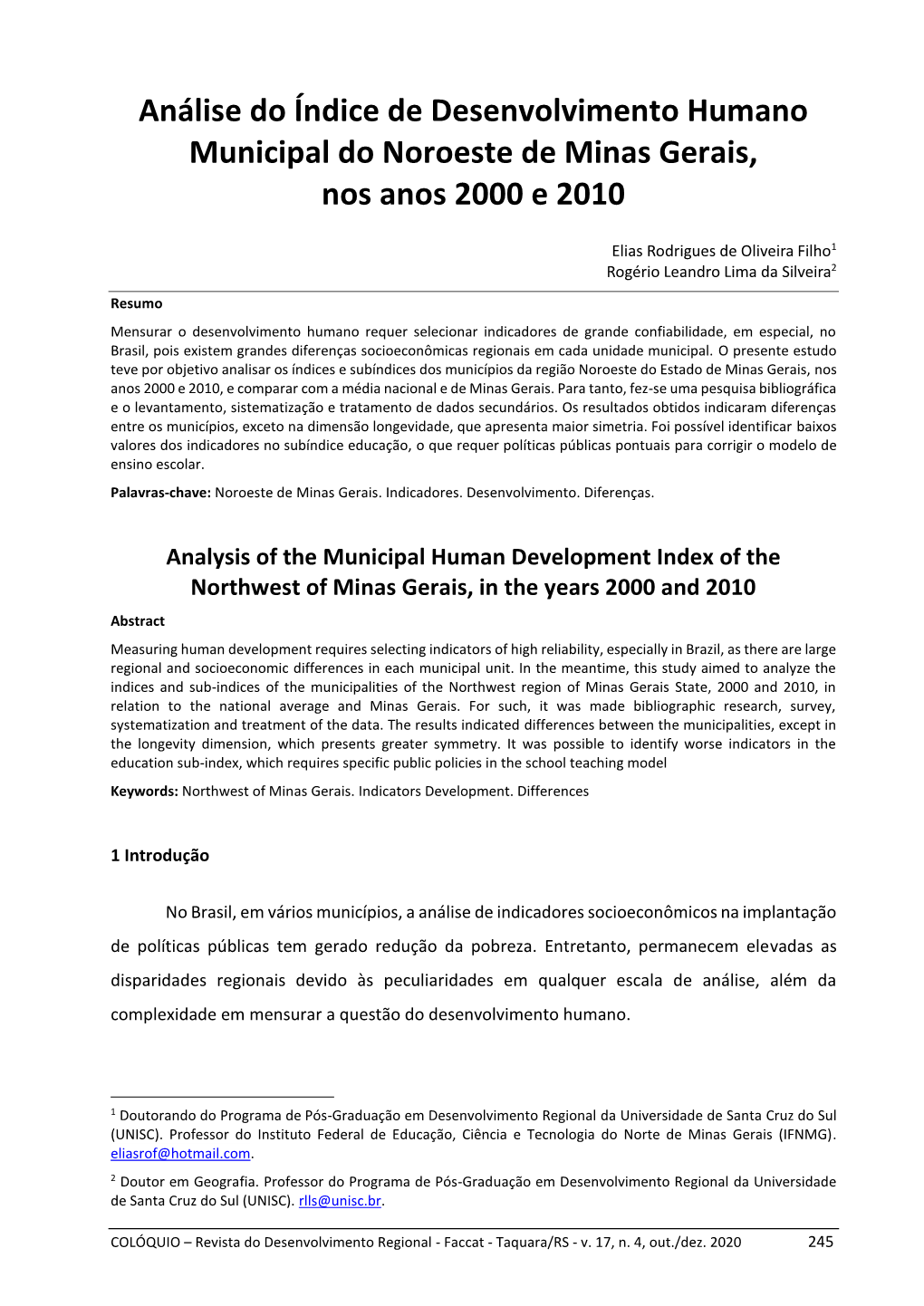 Análise Do Índice De Desenvolvimento Humano Municipal Do Noroeste De Minas Gerais, Nos Anos 2000 E 2010