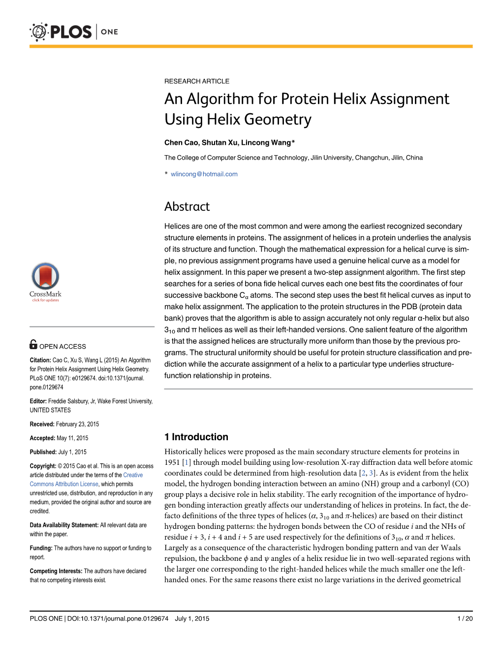An Algorithm for Protein Helix Assignment Using Helix Geometry