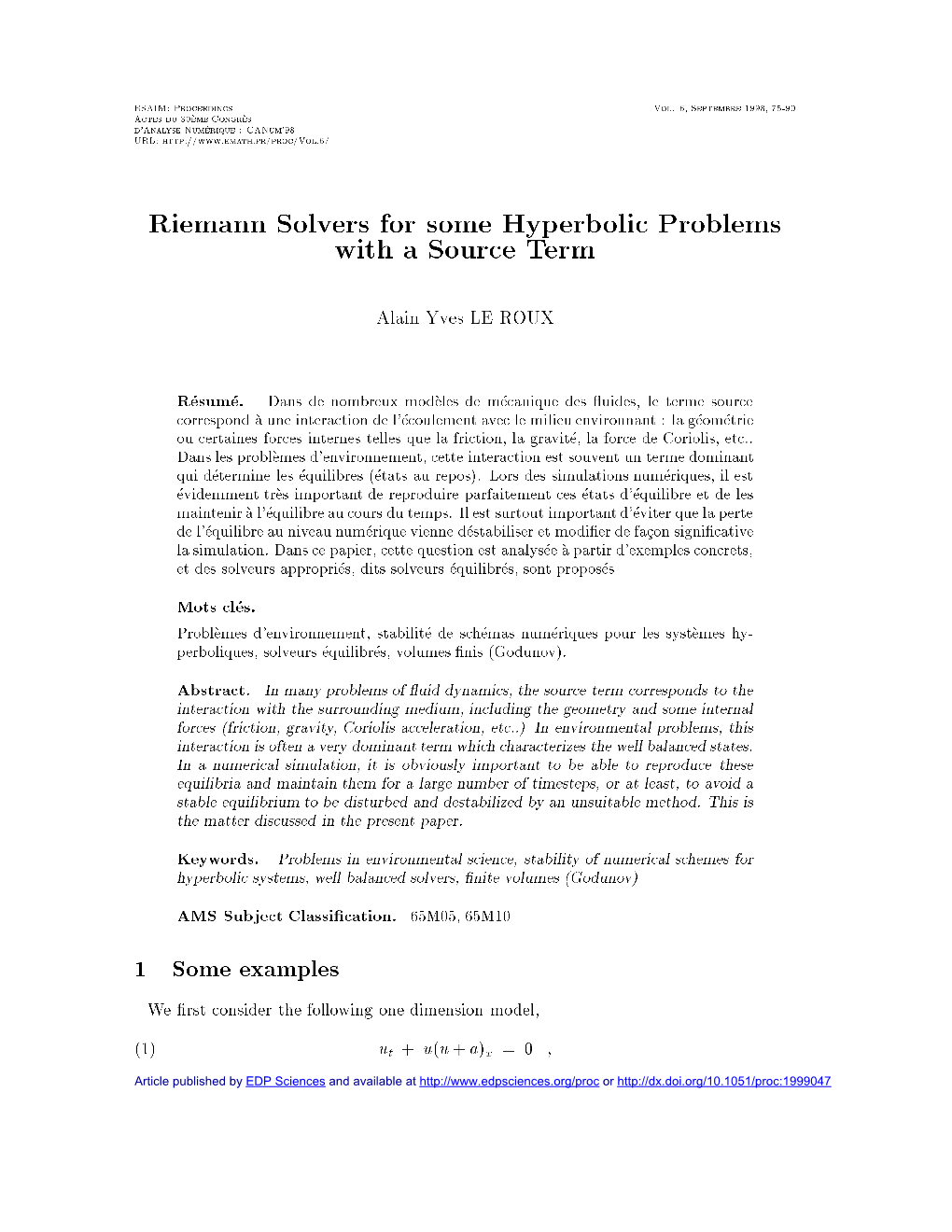 Riemann Solvers for Some Hyperbolic Problems with a Source Term
