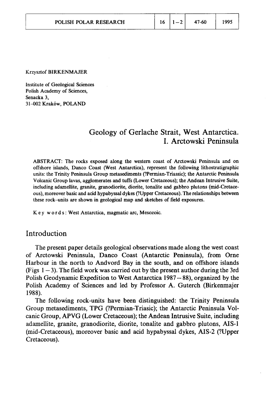 Geology of Gerlache Strait, West Antarctica. I. Arctowski Peninsula