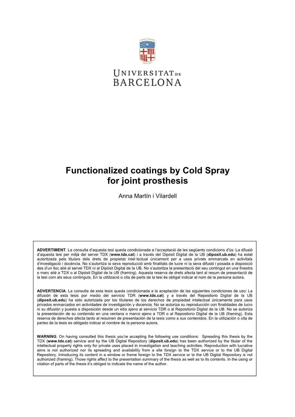 Functionalized Coatings by Cold Spray for Joint Prosthesis