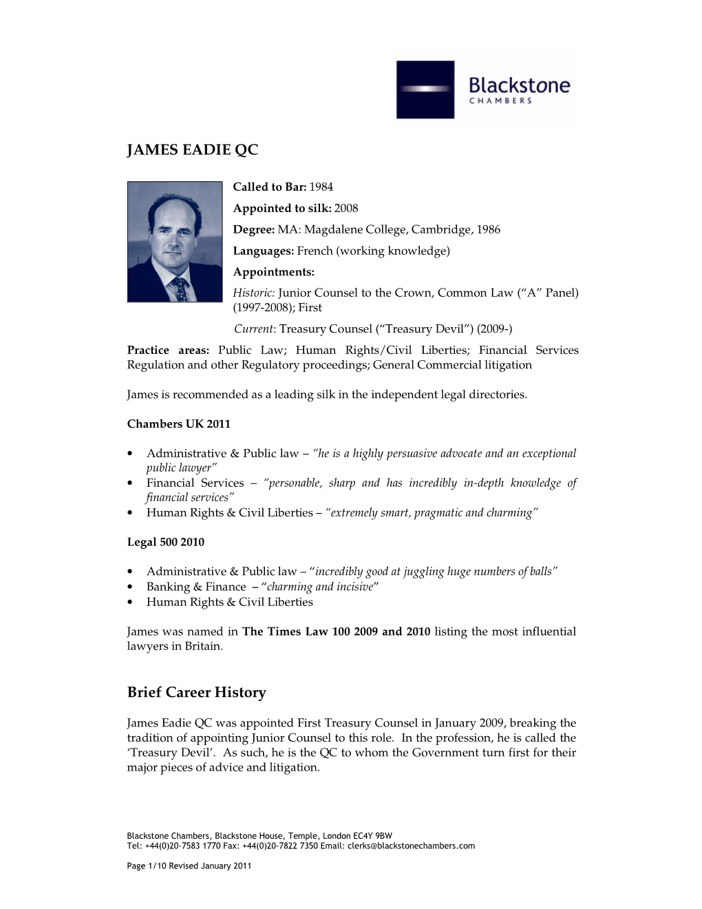 JAMES EADIE QC Brief Career History