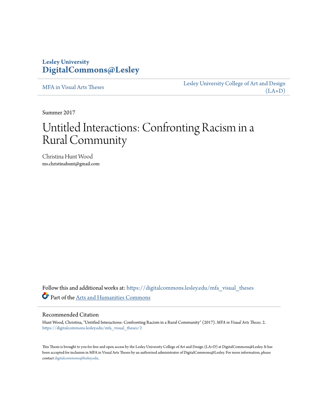 Untitled Interactions: Confronting Racism in a Rural Community Christina Hunt Wood Ms.Christinahunt@Gmail.Com