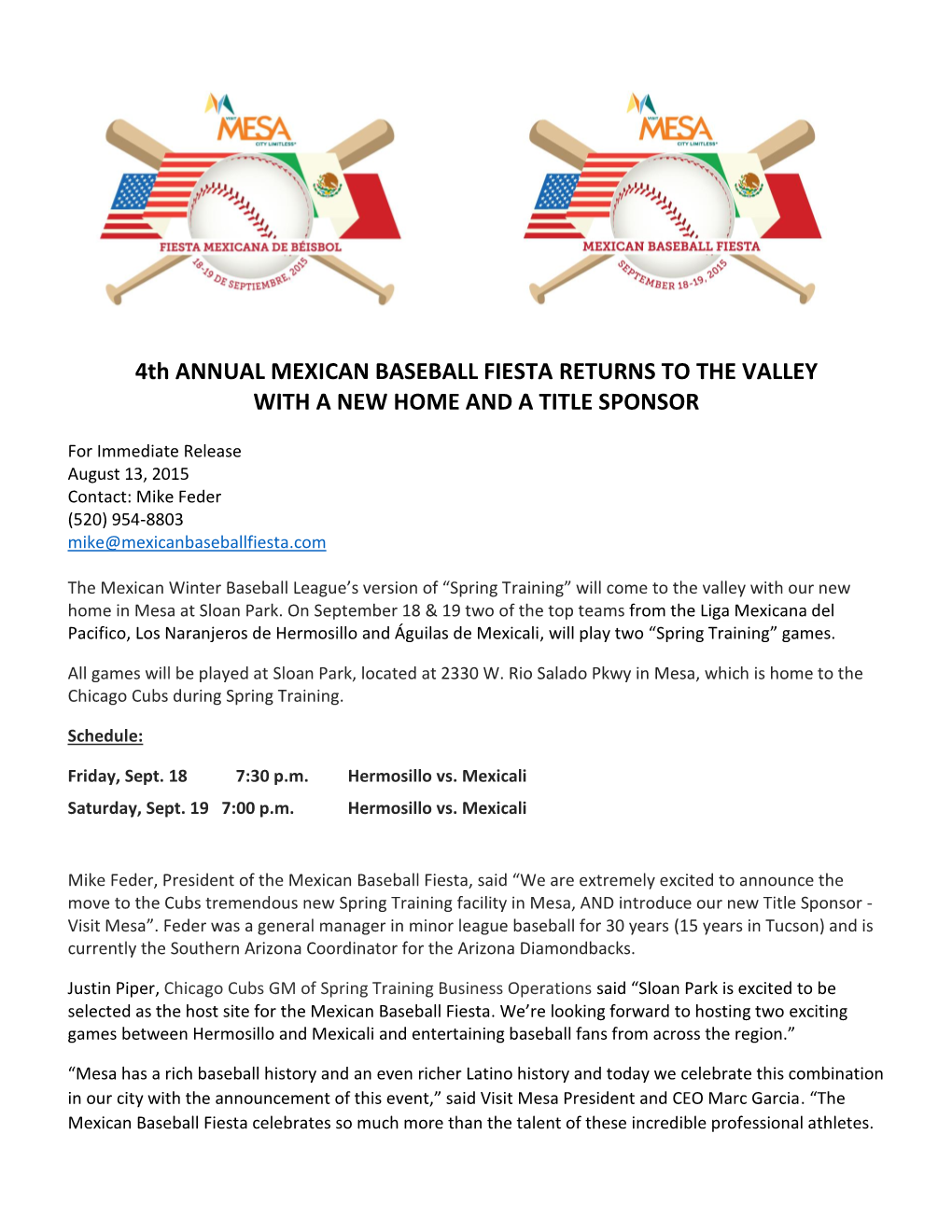 4Th ANNUAL MEXICAN BASEBALL FIESTA RETURNS to the VALLEY with a NEW HOME and a TITLE SPONSOR