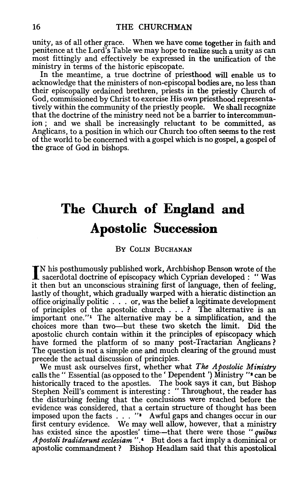 The Church of England and Apostolic Succession