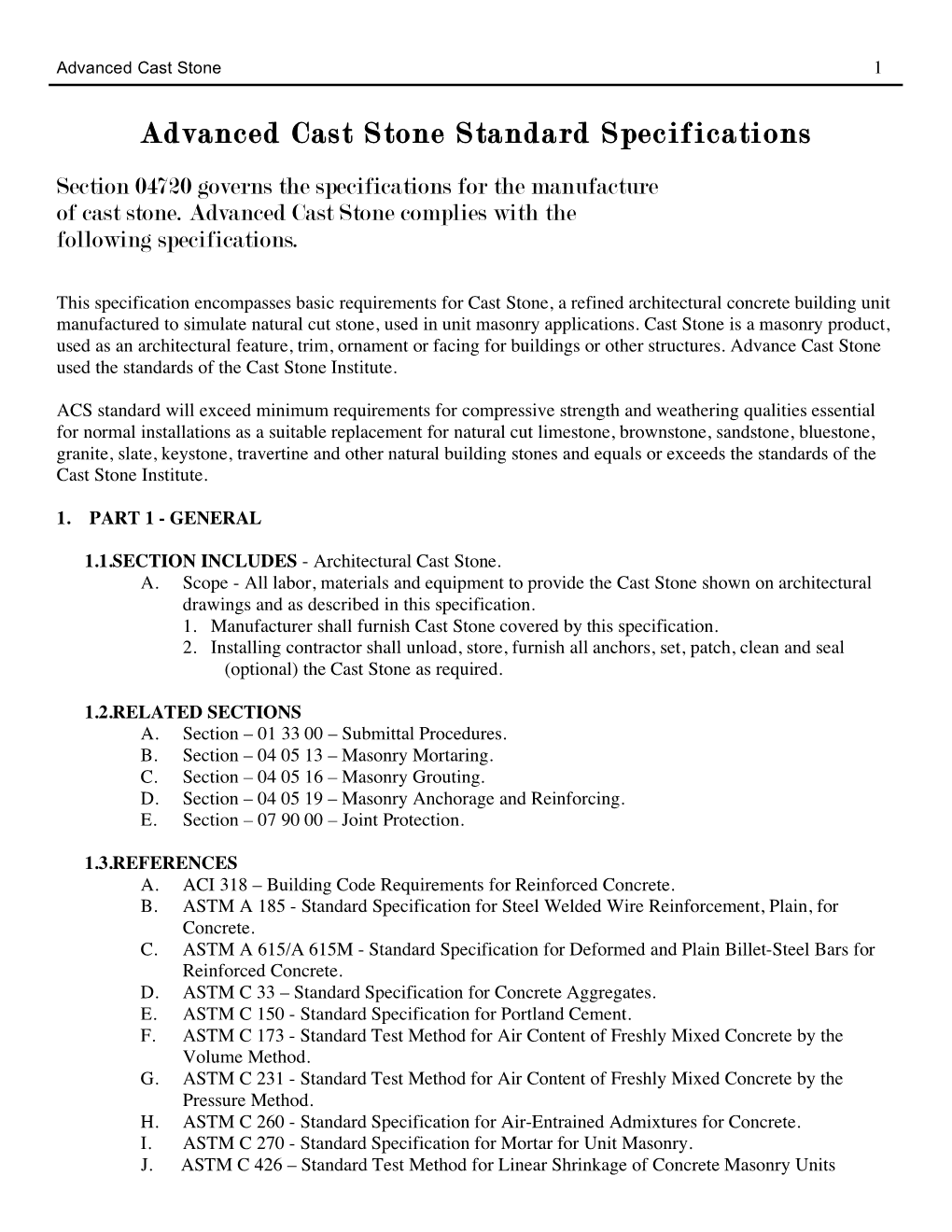 Advanced Cast Stone Standard Specifications