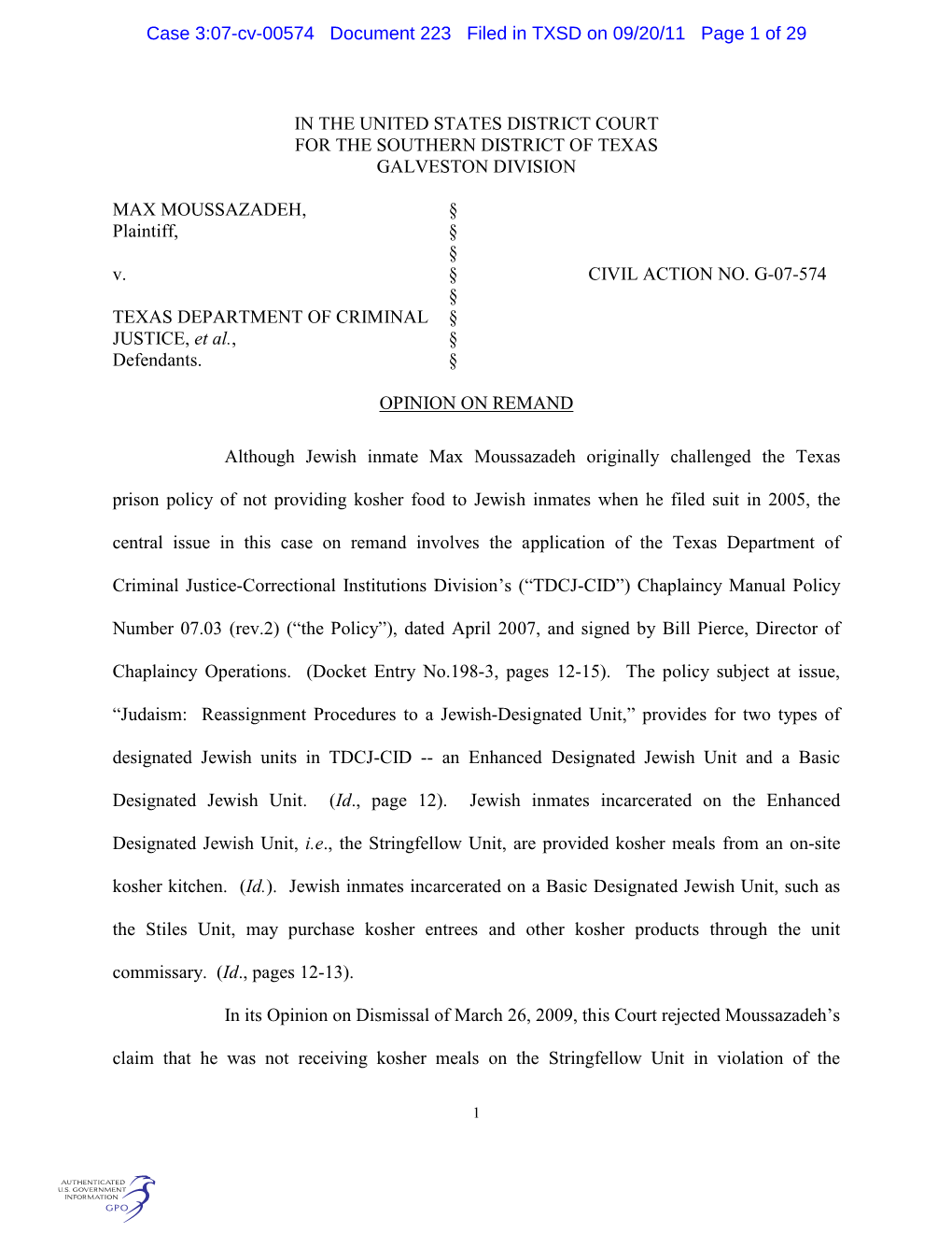 Case 3:07-Cv-00574 Document 223 Filed in TXSD on 09/20/11 Page 1 of 29