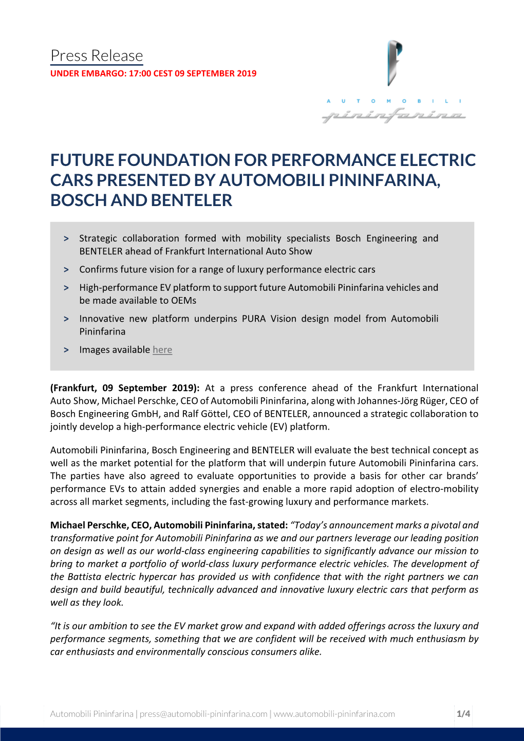 Future Foundation for Performance Electric Cars Presented by Automobili Pininfarina, Bosch and Benteler