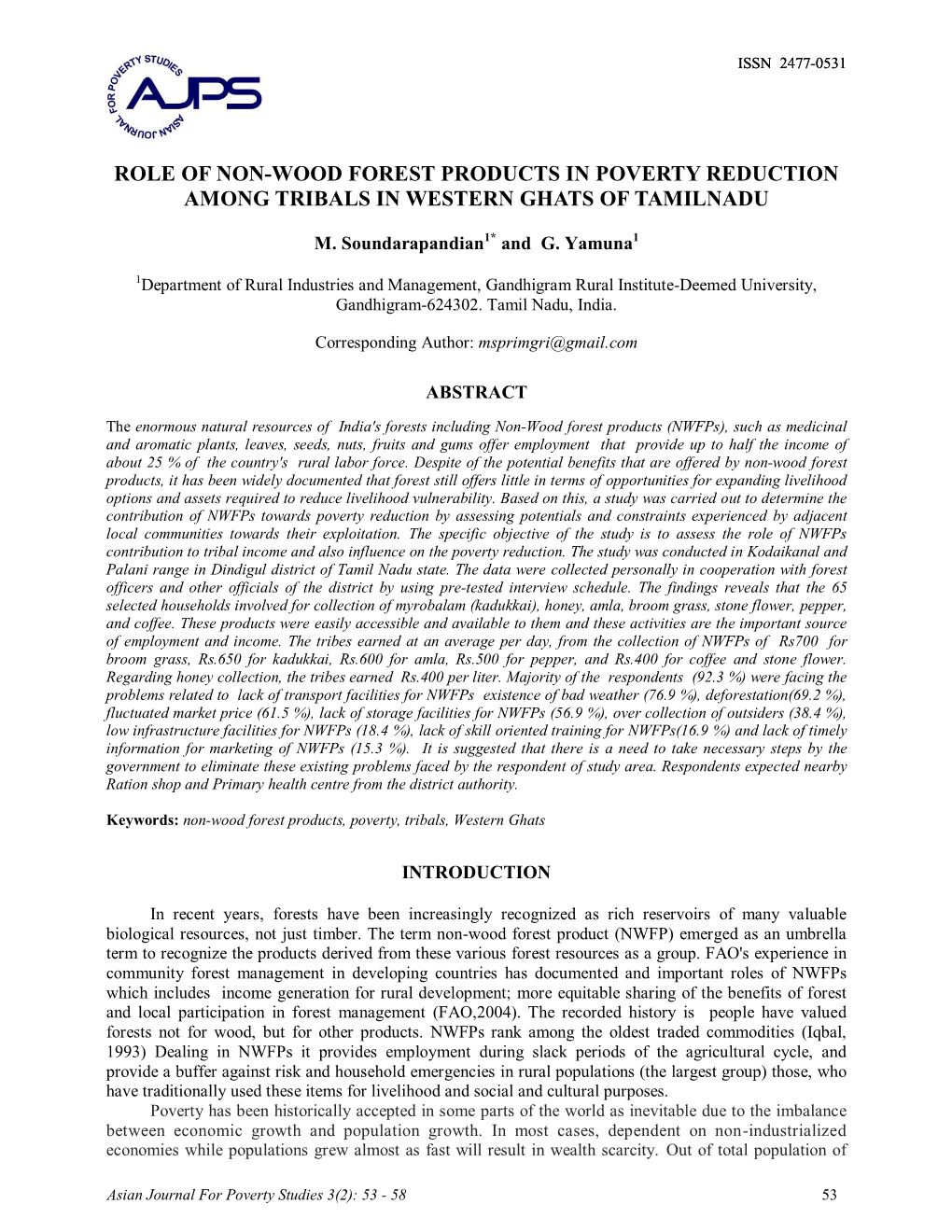 Role of Non-Wood Forest Products in Poverty Reduction Among Tribals in Western Ghats of Tamilnadu